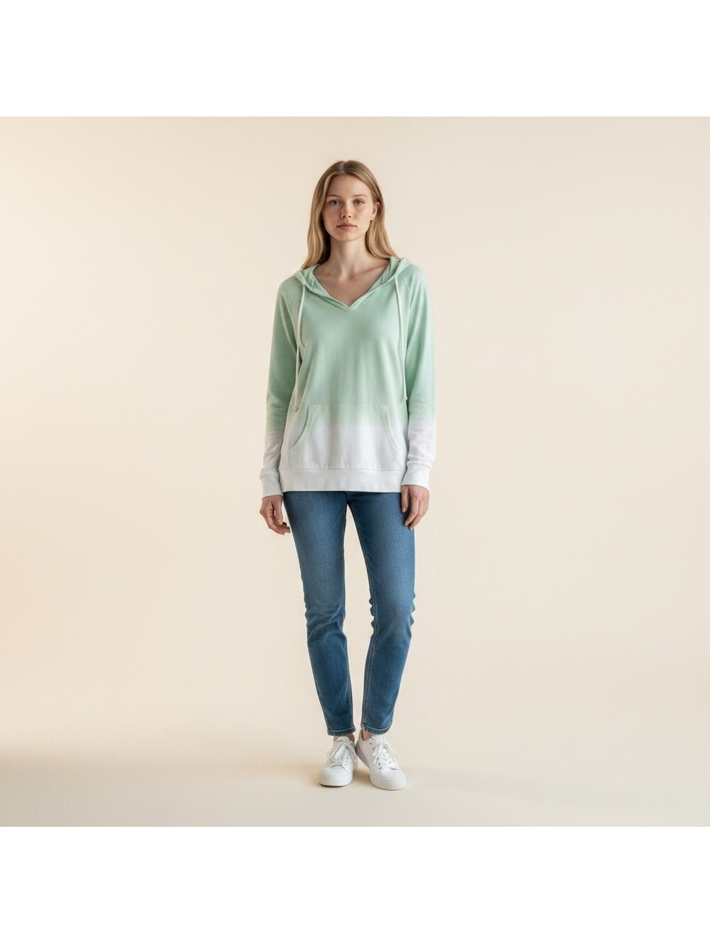 New Macaron Hoodie Women L Large Green Ombre Hooded V-Neck Long Sleeve Pockets